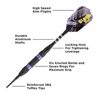 Dart with purple and black patterned flight, black shaft, and purple grip bands with labeled component diagram
