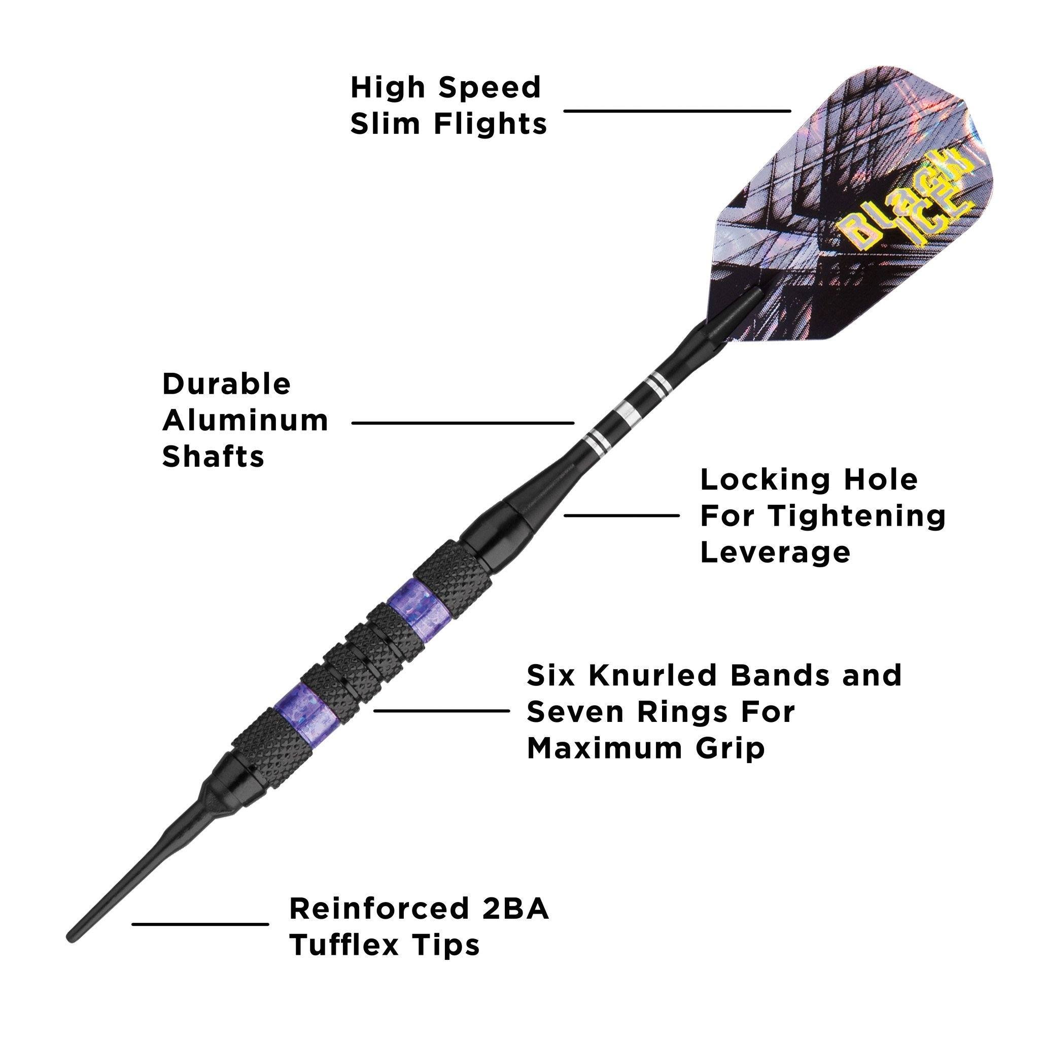 Dart with purple and black patterned flight, black shaft, and purple grip bands with labeled component diagram