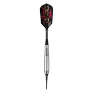 Dart with black flight, red and gold tribal design, silver barrel