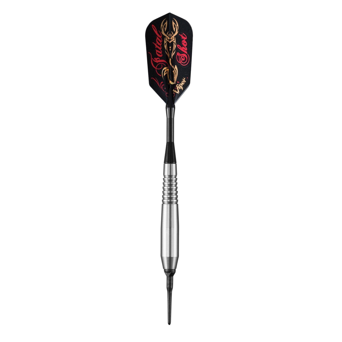 Dart with black flight, red and gold tribal design, silver barrel