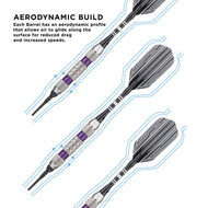 Three darts with black barrels, purple grip bands, and feathered flights with airflow diagram