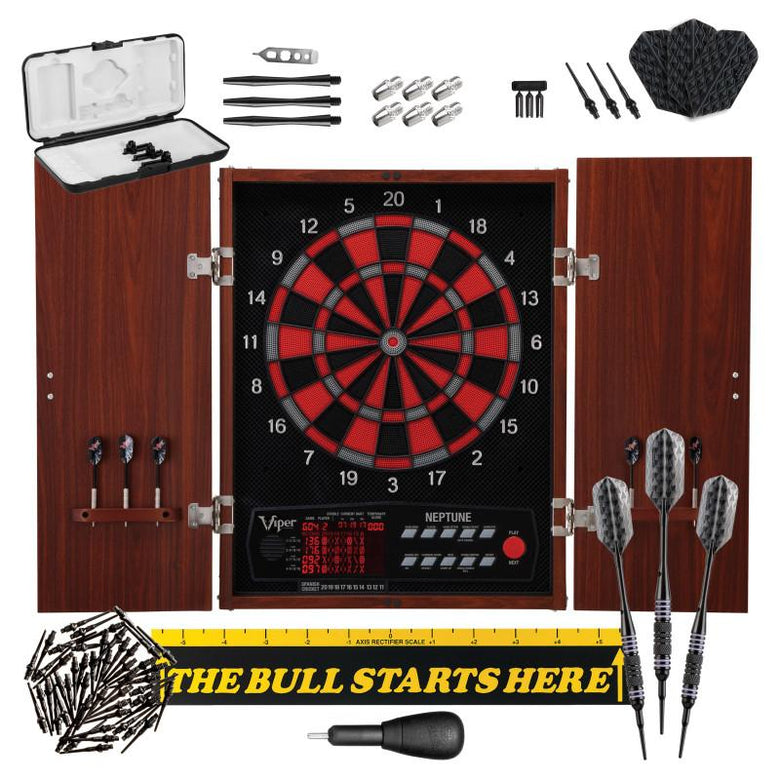 Viper Neptune Electronic Dartboard, "The Bull Starts Here" Throw Line Marker, Bobcat Adjustable Weight Soft Tip Darts, Dart Tip Remover Tool & Tufflex II Black Dart Tips Darts Viper 