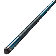Billiards cue stick with teal blue shaft, black textured grip section in middle, and black rubber end cap
