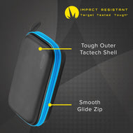 Black dart case with blue zipper and labeled construction features