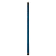 Blue and black billiards cue stick with tapered shaft and branded grip at bottom