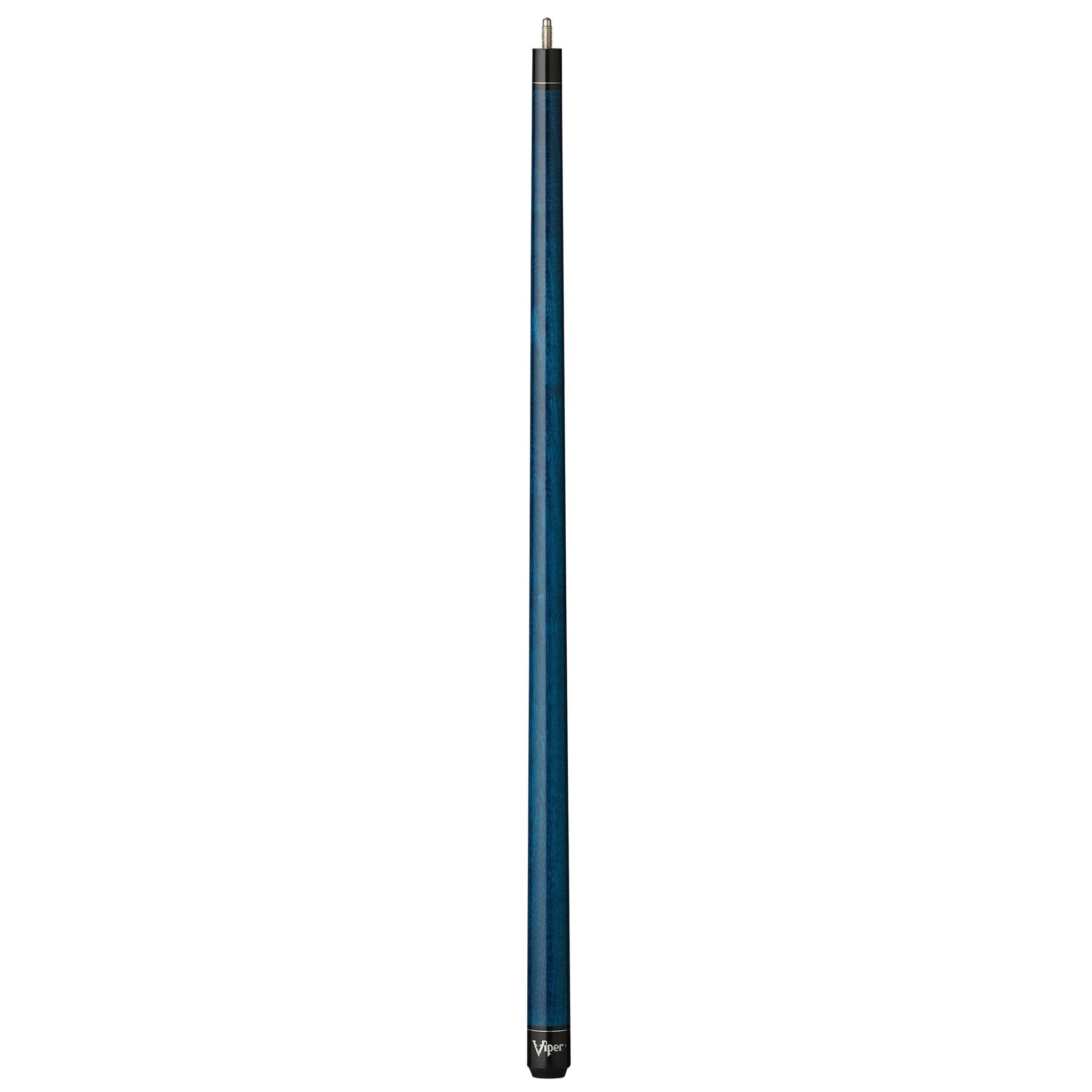 Blue and black billiards cue stick with tapered shaft and branded grip at bottom