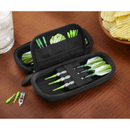 Black zippered case holding green darts with white and striped flights in elastic slots