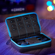 Open blue and black dart case with multiple compartments holding darts with blue and black flights inside