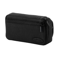 Black nylon dart case with two zippered compartments and oval badge on front