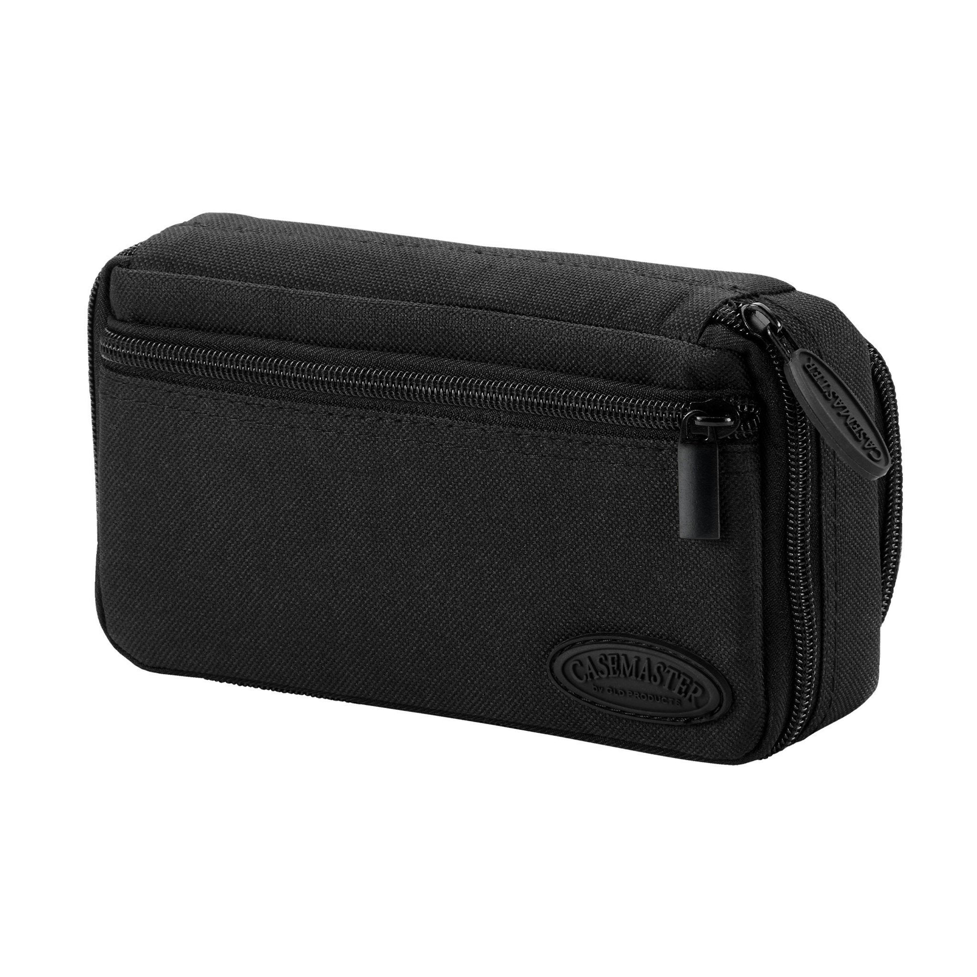 Black nylon dart case with two zippered compartments and oval badge on front