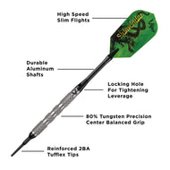 Dart with green flight, black aluminum shaft, and textured tungsten grip with labeled component features