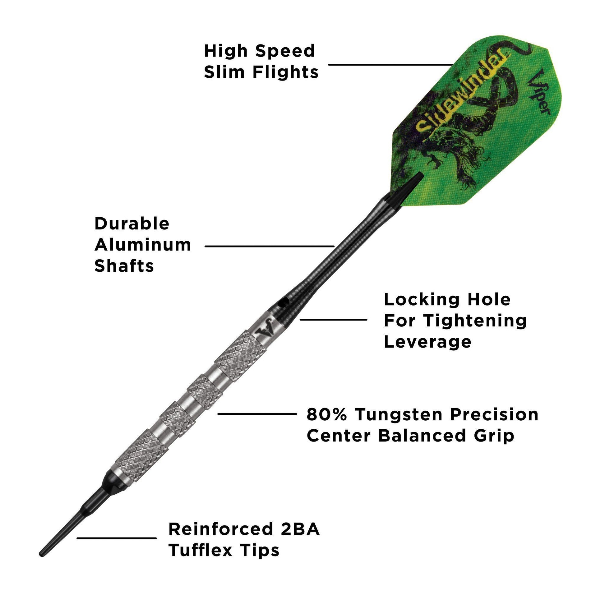 Dart with green flight, black aluminum shaft, and textured tungsten grip with labeled component features