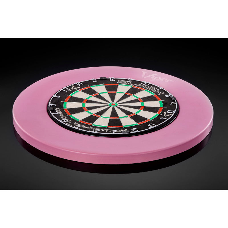 Pink circular dart surround with standard dartboard mounted in center