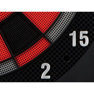 Close-up of dartboard surface showing red and black perforated sections with silver numbers 15 and 2