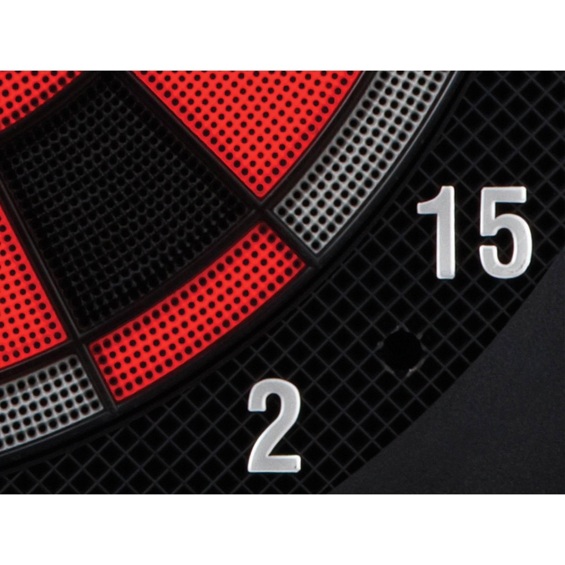 Close-up of dartboard surface showing red and black perforated sections with silver numbers 15 and 2