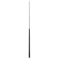 Billiards cue stick with light wood shaft and black wrapped grip section at bottom