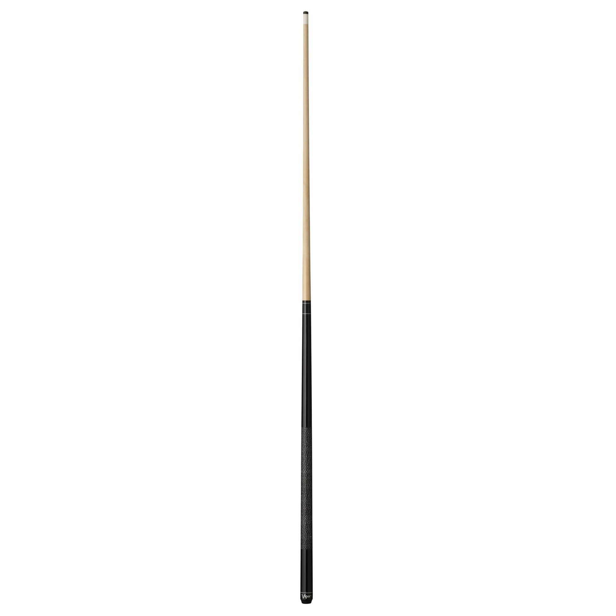 Billiards cue stick with light wood shaft and black wrapped grip section at bottom