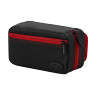 Black fabric dart case with red zippers, carrying handle, and Casemaster logo on front panel