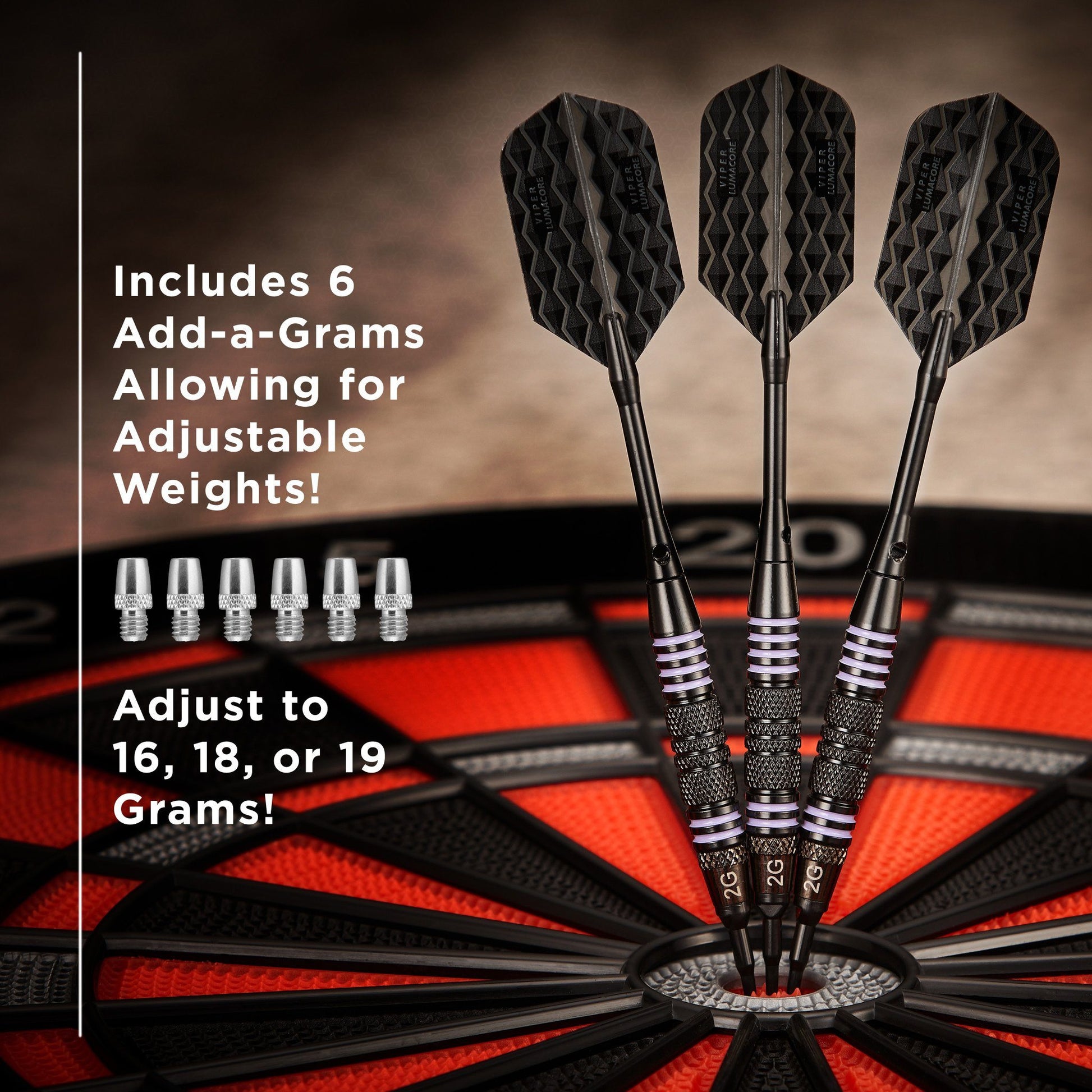 Three black darts with purple grip rings in a red and black dartboard