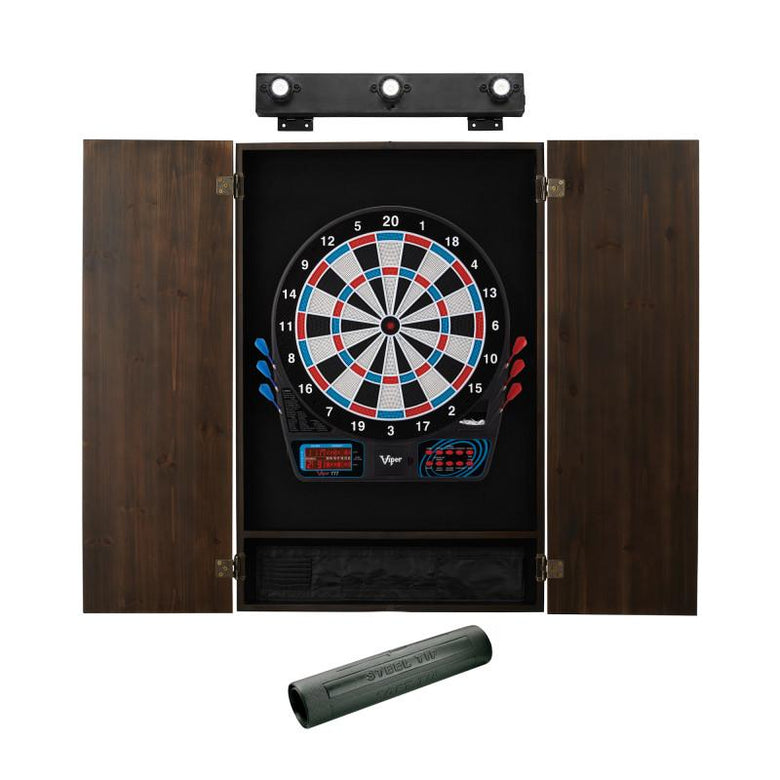 Viper 777 Electronic Dartboard, Metropolitan Espresso Cabinet, Dart Mat & Shadow Buster Dartboard Light Bundle Darts Viper 