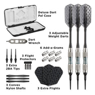 Infographic of dart case contents including three darts, flights, wrench, shafts, and weight accessories