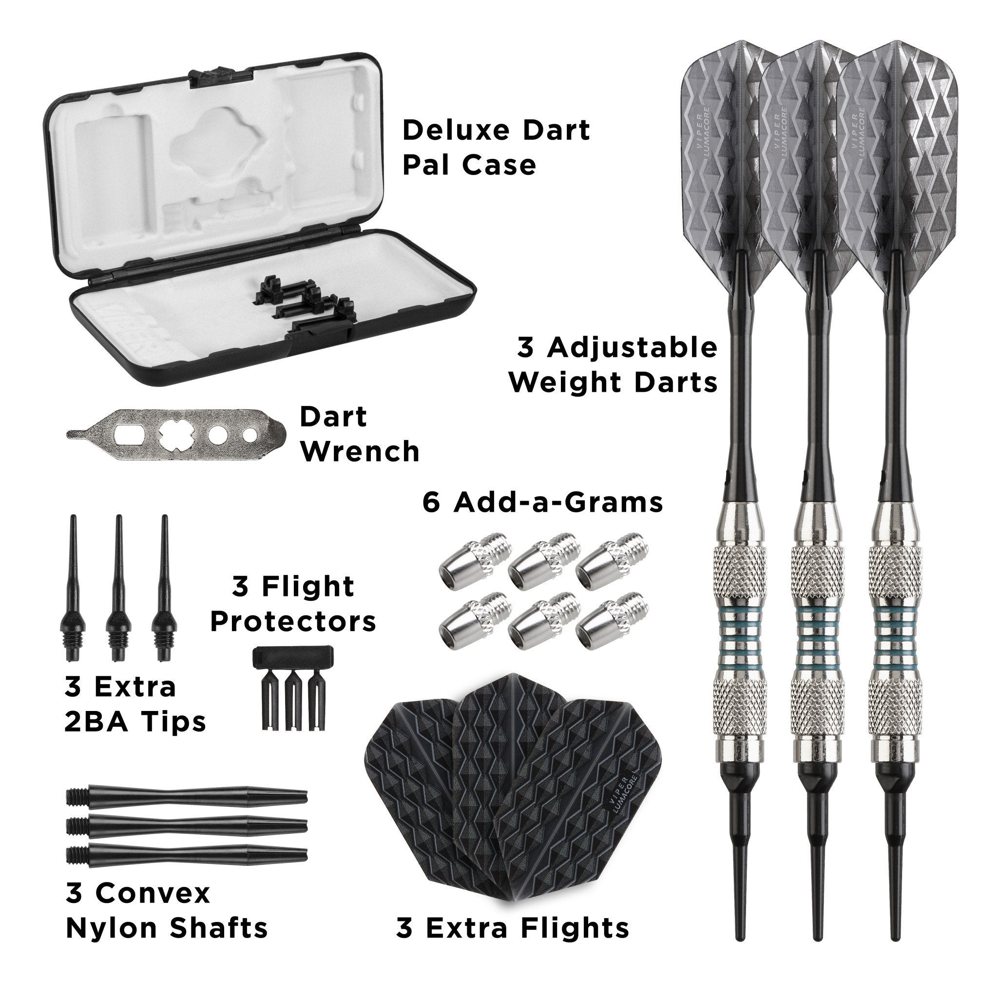 Infographic of dart case contents including three darts, flights, wrench, shafts, and weight accessories