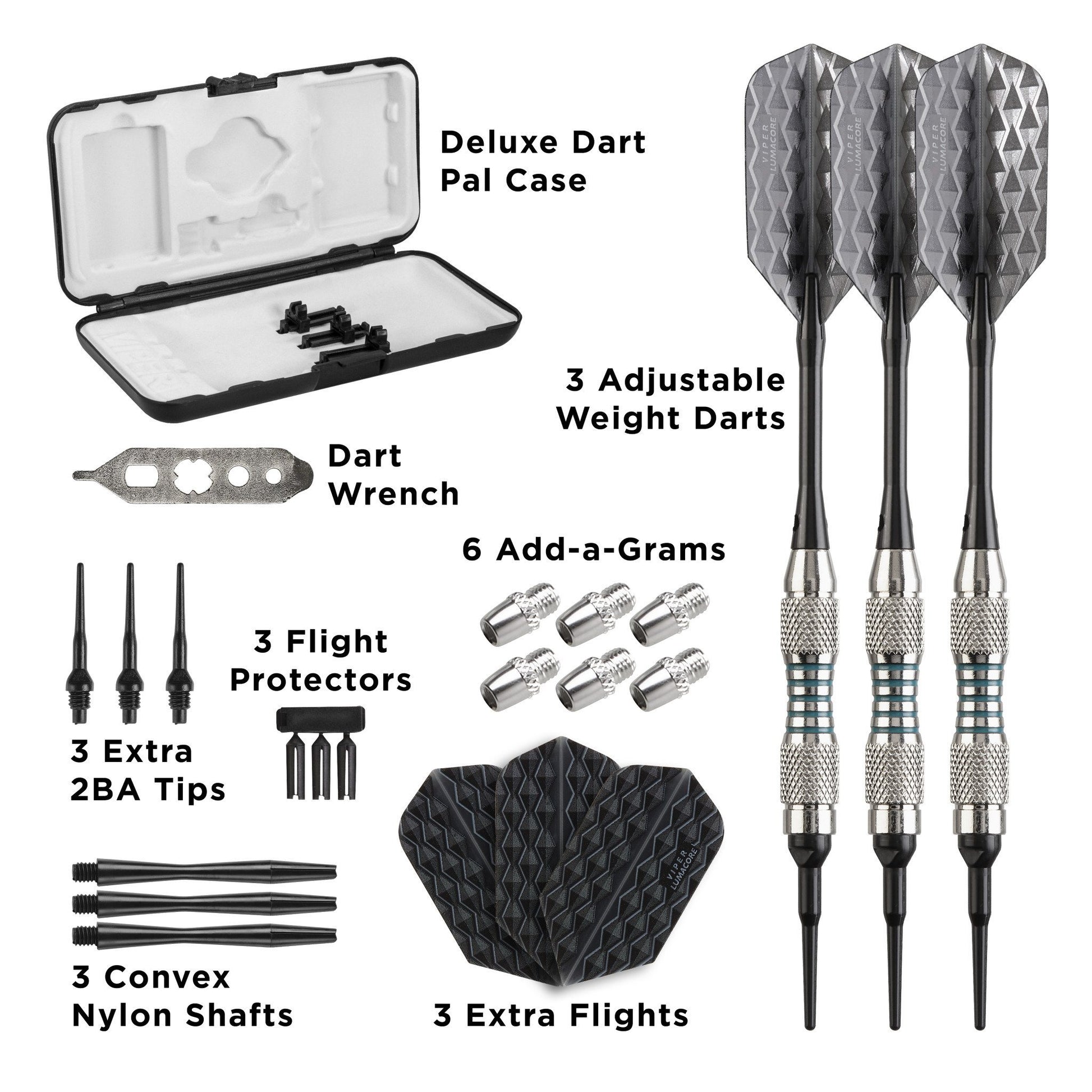 Infographic of dart set contents including case, three darts, wrench, tips, weights, shafts, and flights