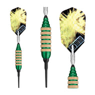 Three darts with yellow flights, green barrels, tan grips, and black shafts