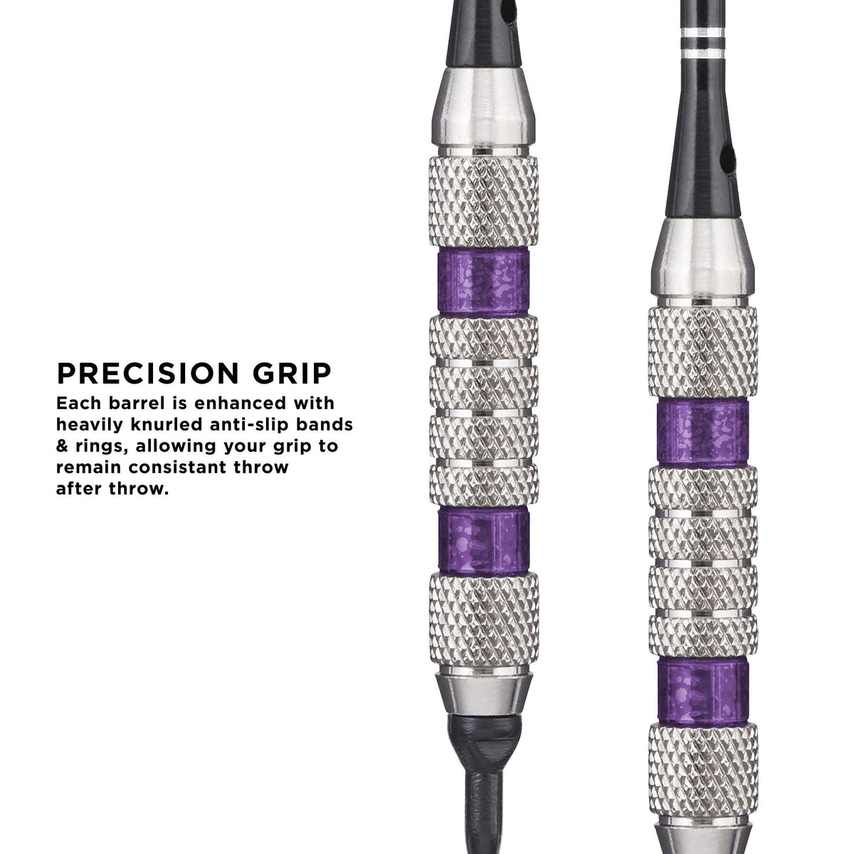 Two dart barrels with textured metal grip bands alternating with purple wraped sections and black flights