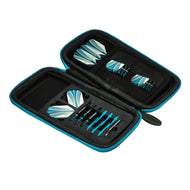 Open dart case with blue zipper containing flights, shafts, and accessories in black foam compartments