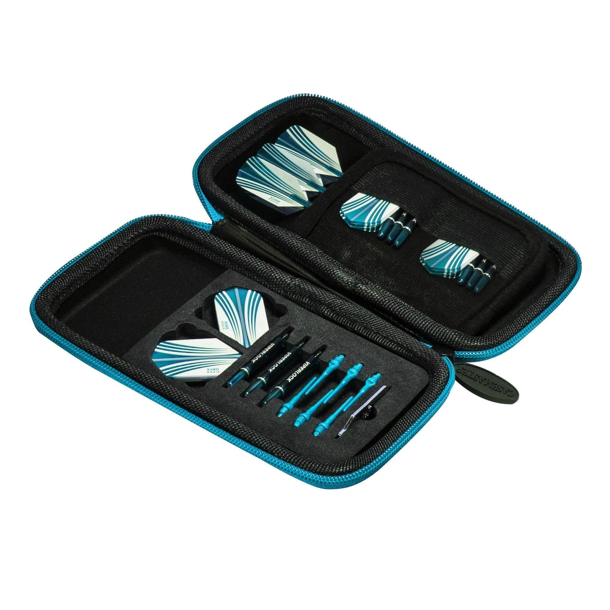 Open dart case with blue zipper containing flights, shafts, and accessories in black foam compartments