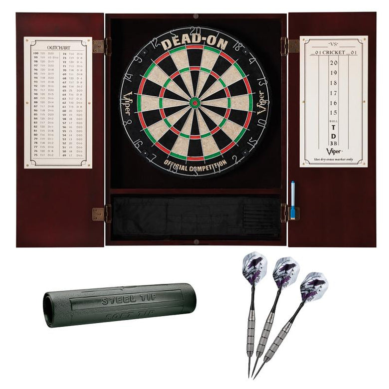 Viper Metropolitan Mahogany Steel Tip Dartboard Cabinet, Viper Dead-On Bristle Dartboard, Viper Underground Raven Steel Tip Darts 25 Grams, and Viper Vinyl Dart Mat Darts Viper 