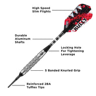 Dart with red, black, and white patterned flight and labeled shaft components