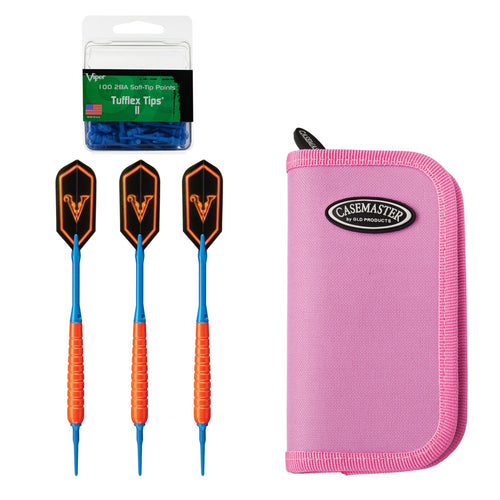 Viper V Glo Soft Tip 18gm Orange, Casemaster Deluxe Pink Nylon Case, and 2BA Tufflex Tips II- Blue 100ct. Box Soft-Tip Darts Viper 
