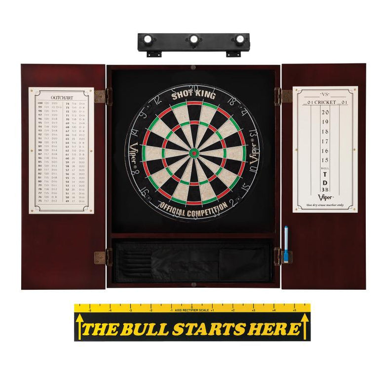 Viper Shot King Sisal Dartboard, Metropolitan Mahogany Cabinet, Shadow Buster Dartboard Lights & "The Bull Starts Here" Throw Line Marker Darts Viper 