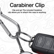 Metal carabiner clip attached to black rectangular case next to silver carabiner hook against white background