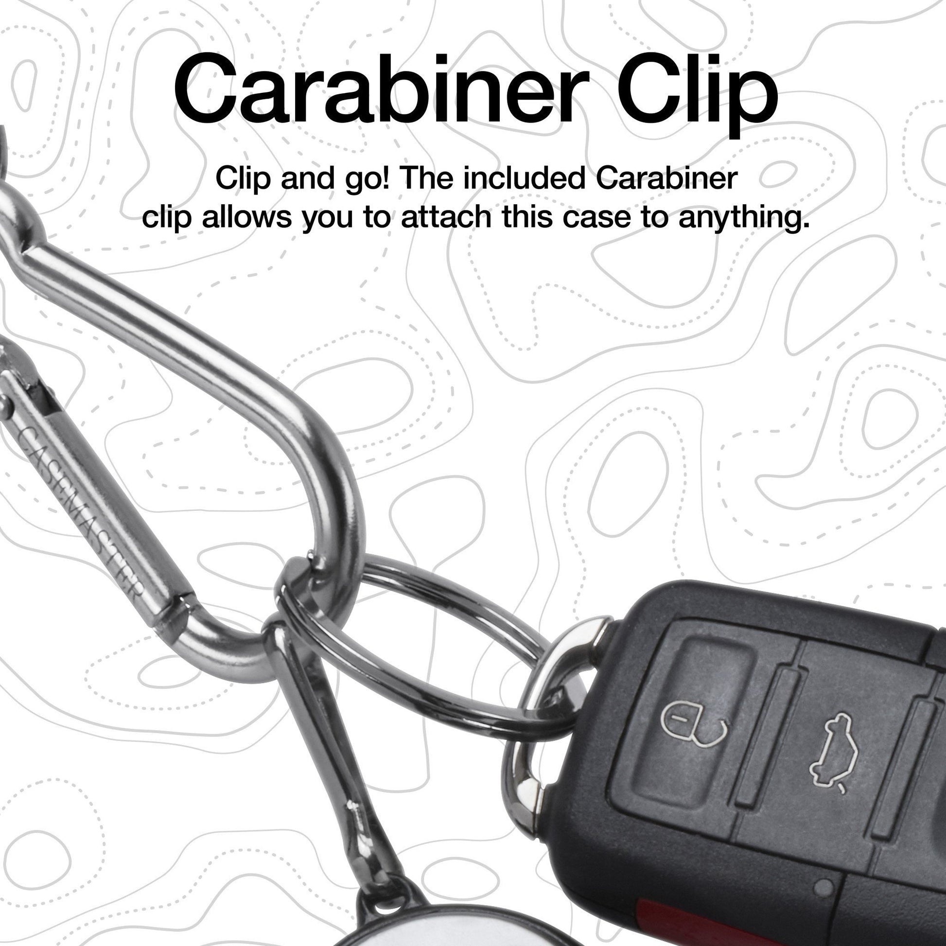 Metal carabiner clip attached to black rectangular case next to silver carabiner hook against white background