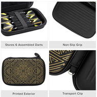 Black dart case with yellow and black darts, geometric gold pattern, and carry clip