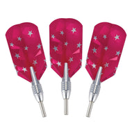 Three darts with hot pink star-printed flights and silver barrels