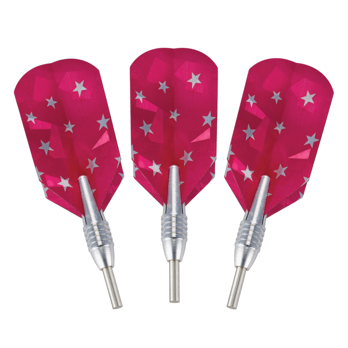 Three darts with hot pink star-printed flights and silver barrels