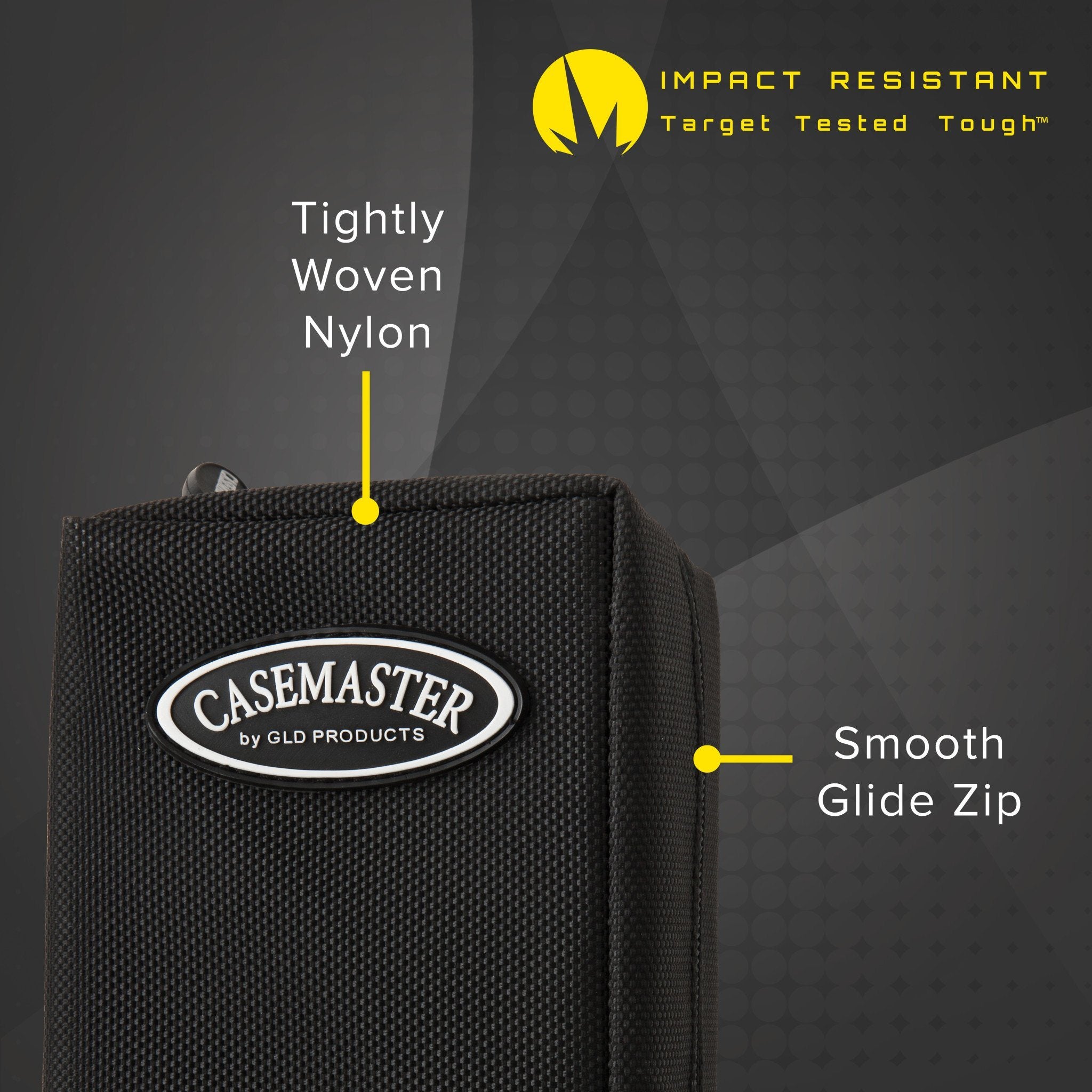 Black nylon dart case with yellow-labeled features: tightly woven nylon, smooth glide zip