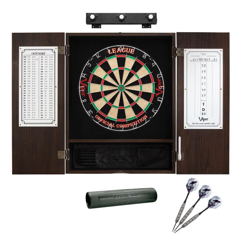 Viper League Sisal Dartboard, Metropolitan Espresso Cabinet, Shadow Buster Dartboard Lights & Padded Dart Mat Darts Viper 