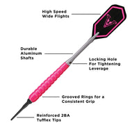 Diagram of a dart with pink flight, gray shaft, and pink grip with labeled parts