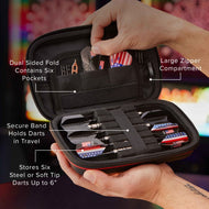 Two people holding open a black dart case with red trim and six darts with flag flights inside