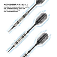 Infographic of three black darts with textured barrels and flight fins showing airflow lines