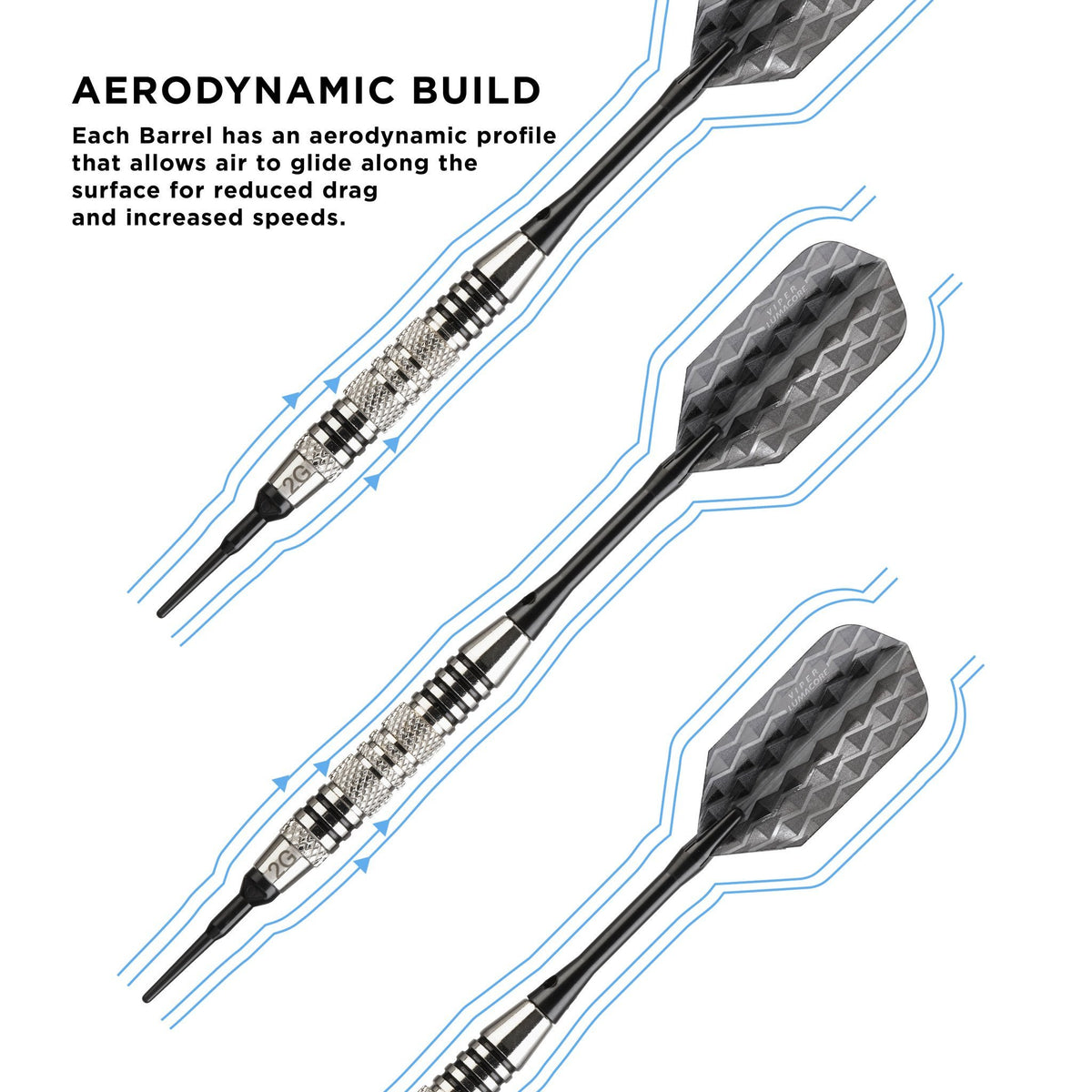 Infographic of three black darts with textured barrels and flight fins showing airflow lines
