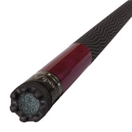 Billiard cue with black textured grip, burgundy shaft, metal band, and black leather wrap at the tip