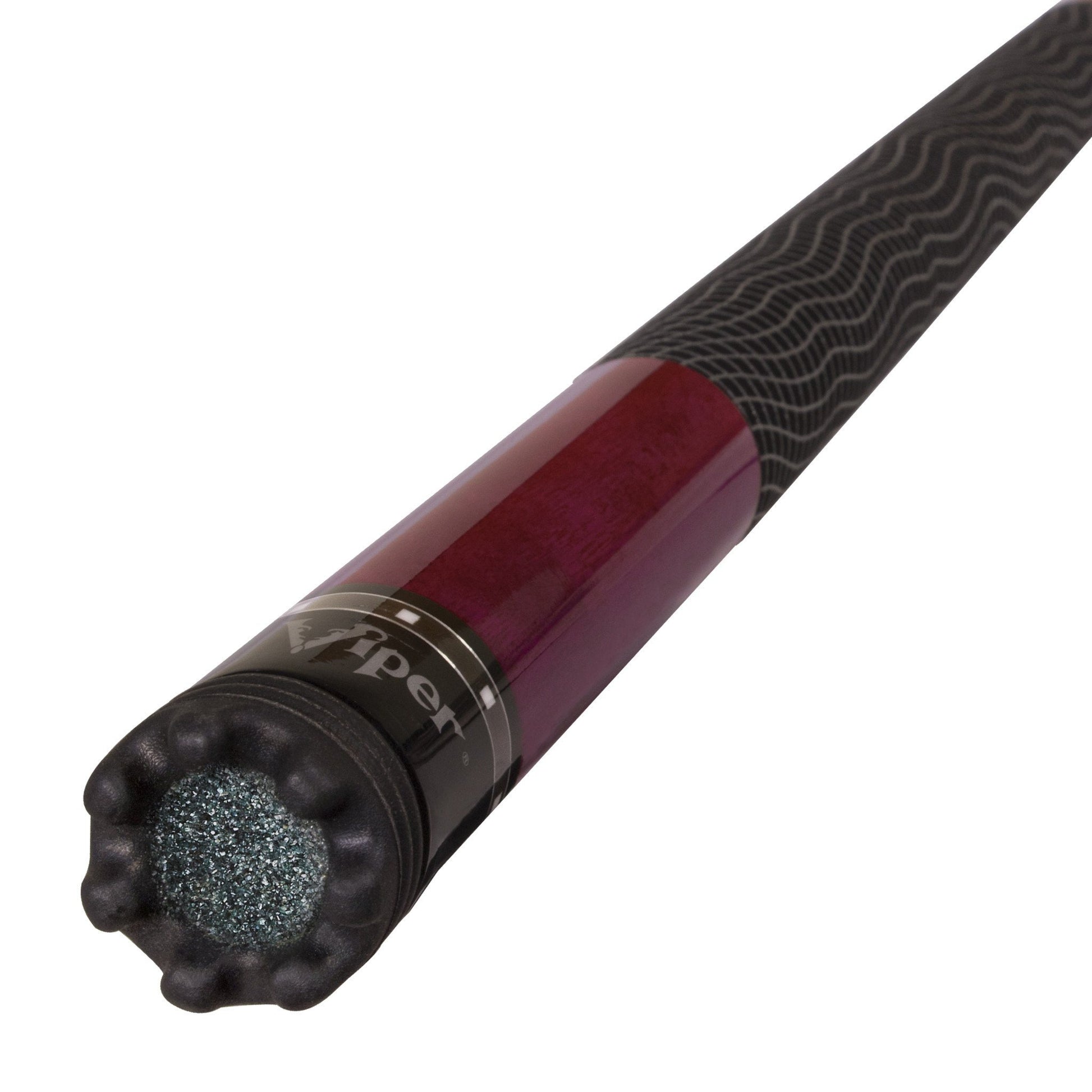 Billiard cue with black textured grip, burgundy shaft, metal band, and black leather wrap at the tip
