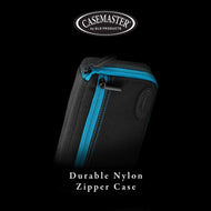 Black nylon zipper case with blue trim stripe and metal pull tab against black background