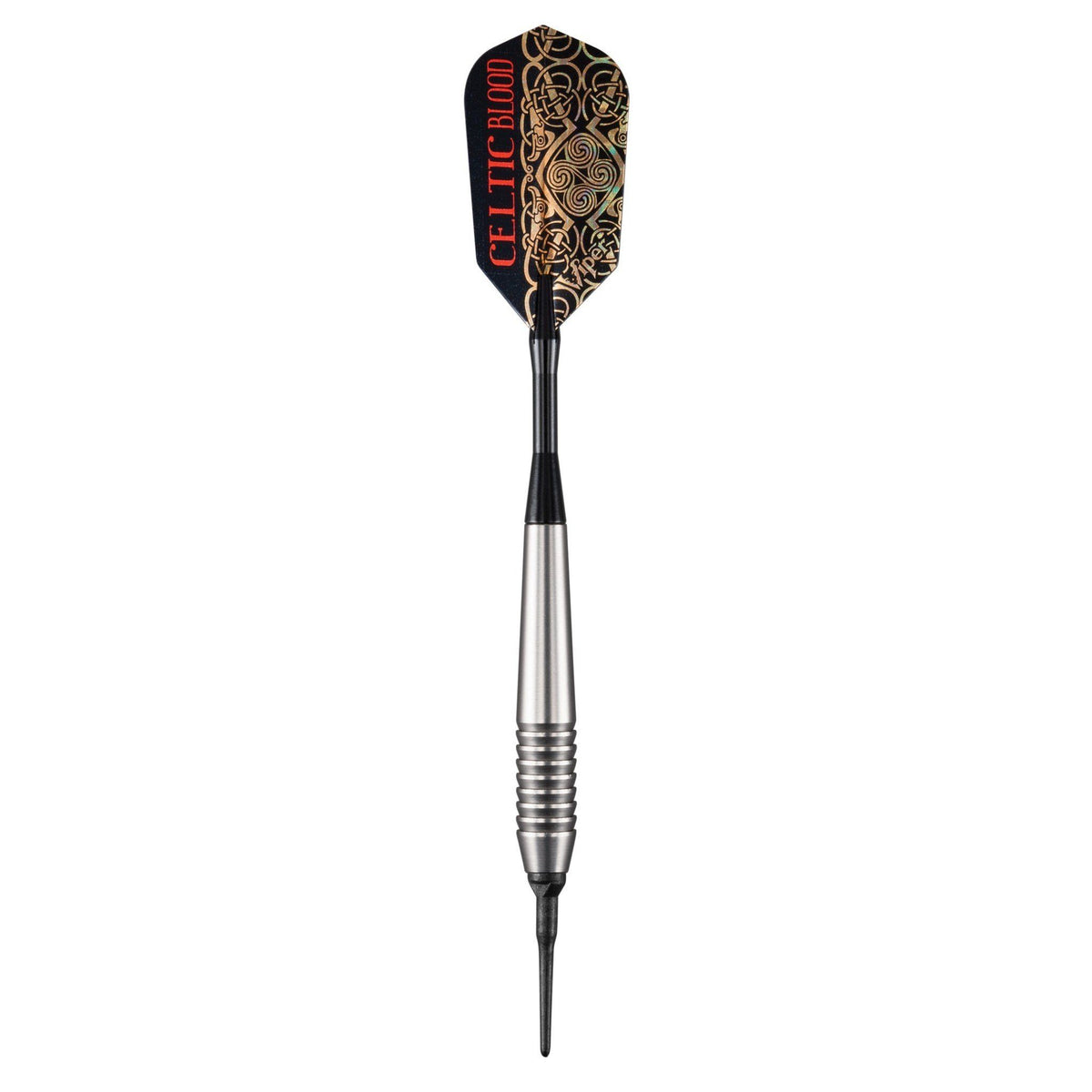 Single soft-tip dart upright on white: silver ridgeback barrel, black shaft, Celtic Blood flight.